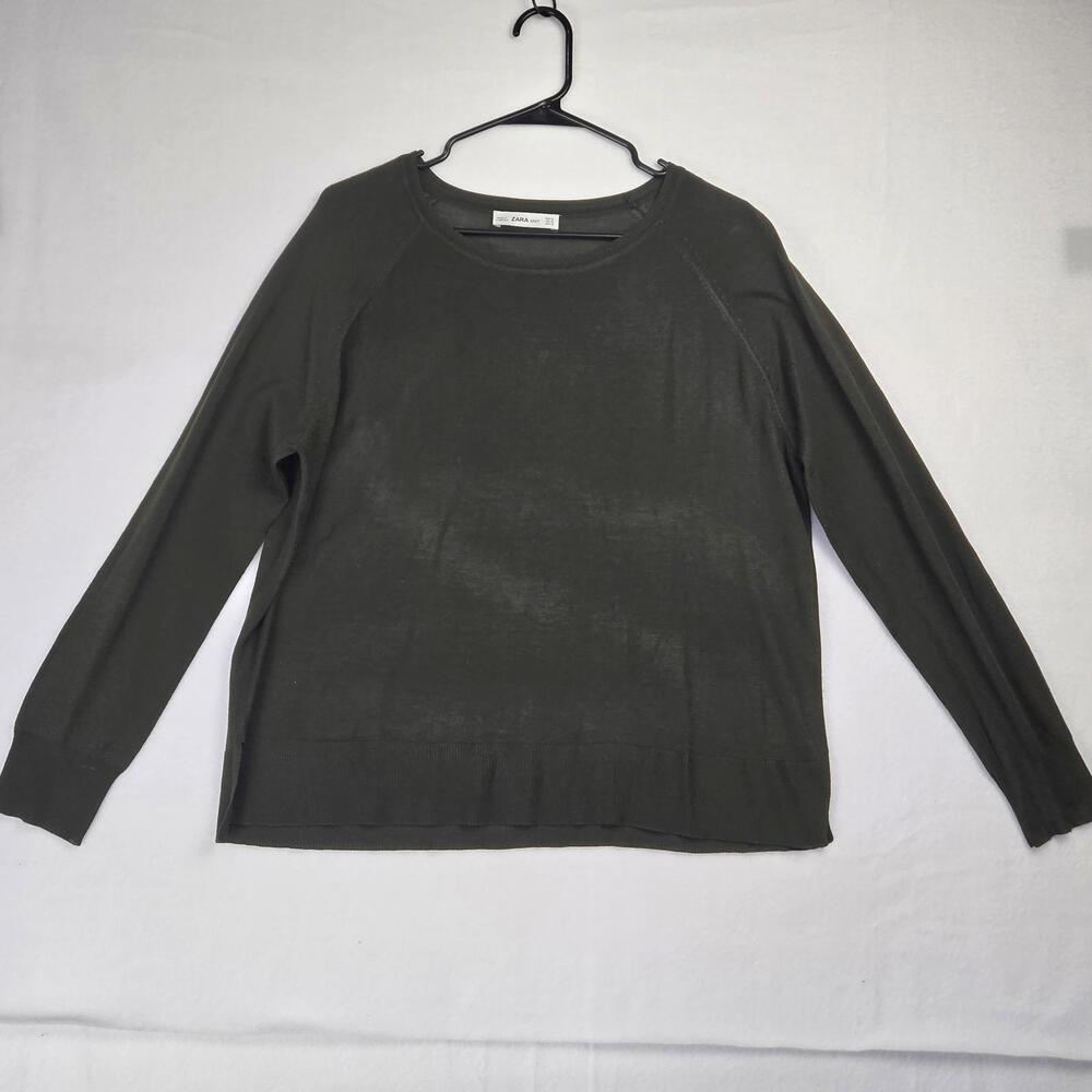 Zara Knit Dark Olive Green Pullover Light Weight Knit Sweater Blouse Size XL